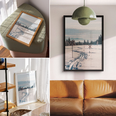 Wandposter Winterlandschap, skipistes, bergen, bomen, lucht