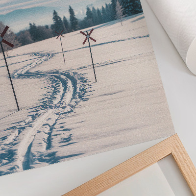 Wandposter Winterlandschap, skipistes, bergen, bomen, lucht