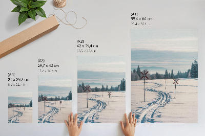 Wandposter Winterlandschap, skipistes, bergen, bomen, lucht