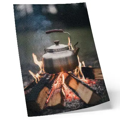 Decoratieve poster met een metalen ketel bij een houtvuur in de natuur