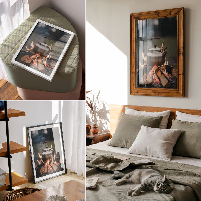 Decoratieve poster Metaalachtige ketel hout vlammen natuur