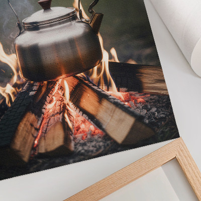 Decoratieve poster Metaalachtige ketel hout vlammen natuur