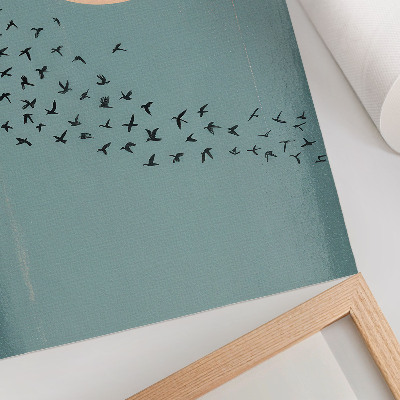 Wandposter Vogels in vlucht, blauwe achtergrond, grote cirkel