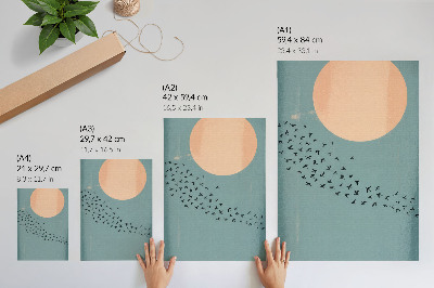 Wandposter Vogels in vlucht, blauwe achtergrond, grote cirkel