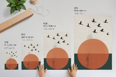 Decoratieve poster Vogels in vlucht, oranje cirkel, minimalistisch