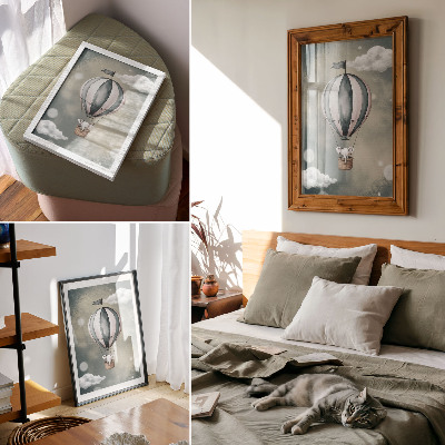 Wandposter Ballon met wolken in delicate grijstinten