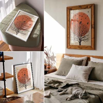 Decoratieve poster Vogels, boom, zonmotief, minimalistische stijl