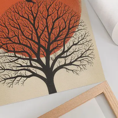 Decoratieve poster met vogels, boom en zonmotief in minimalistische stijl