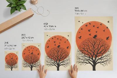 Decoratieve poster Vogels, boom, zonmotief, minimalistische stijl