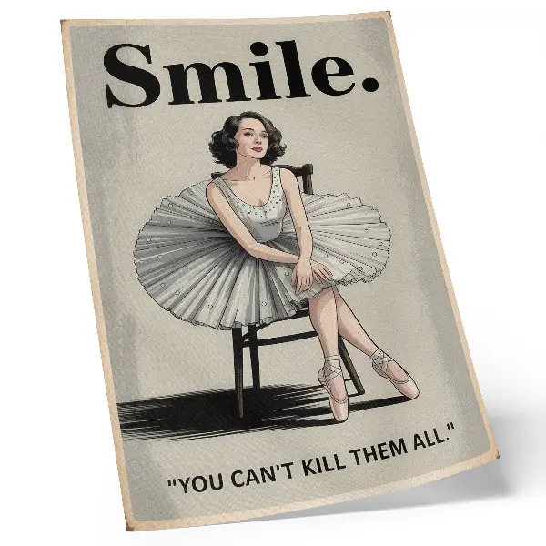 Poster ballerina in een tule jurk met zwarte letters in nostalgische stijl