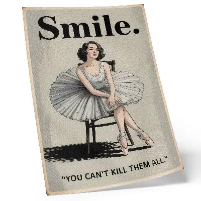 Poster ballerina in een tule jurk met zwarte letters in nostalgische stijl