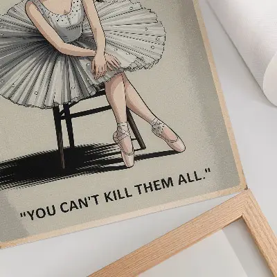 Poster ballerina in een tule jurk met zwarte letters in nostalgische stijl