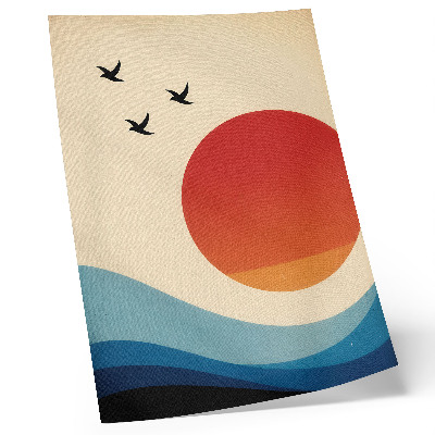 Decoratieve poster Abstractie grote zon blauwe golven vogels