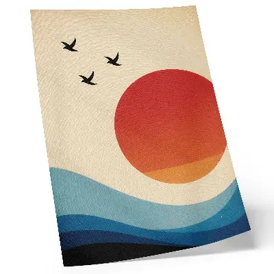 Decoratieve poster met abstracte zon, blauwe golven en vogels