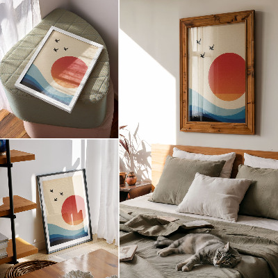 Decoratieve poster Abstractie grote zon blauwe golven vogels