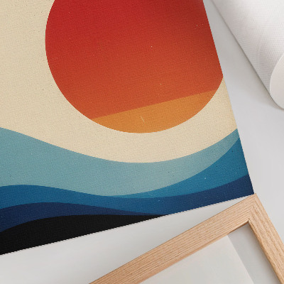 Decoratieve poster Abstractie grote zon blauwe golven vogels