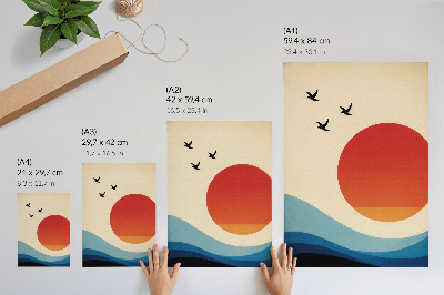 Decoratieve poster Abstractie grote zon blauwe golven vogels