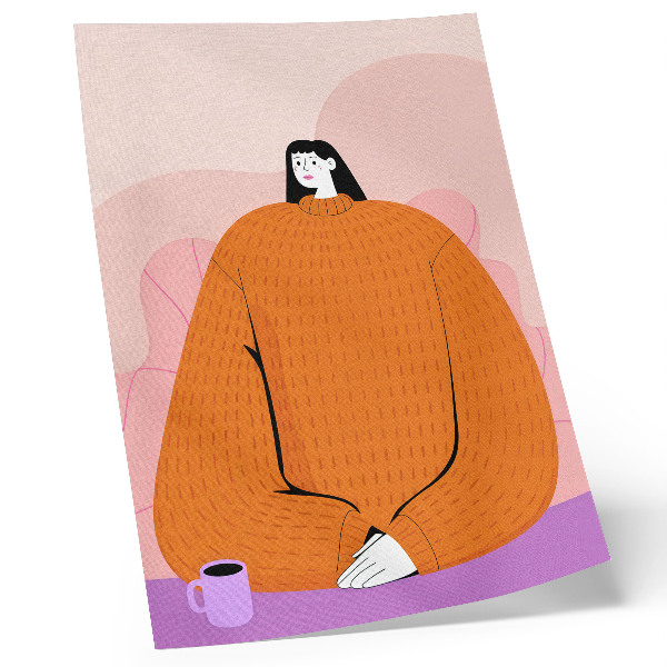Decoratieve poster Afbeelding van een personage in een oranje trui op een roze achtergrond.