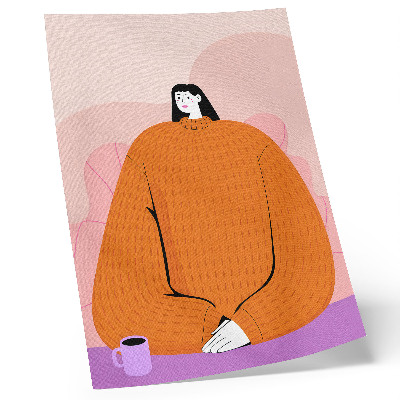 Decoratieve poster Afbeelding van een personage in een oranje trui op een roze achtergrond.