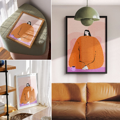 Decoratieve poster Afbeelding van een personage in een oranje trui op een roze achtergrond.