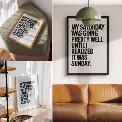 Wandposter met humoristische typografie in hoog contrast