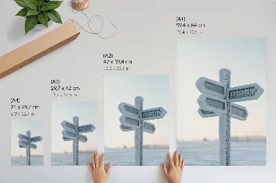 Decoratieve poster met sneeuw bedekt richtingaanwijzer in minimalistische winterstijl