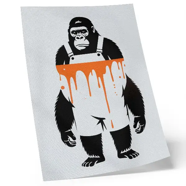 Poster met een gorilla in een overall tegen een feloranje achtergrond