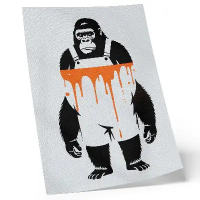 Poster met een gorilla in een overall tegen een feloranje achtergrond