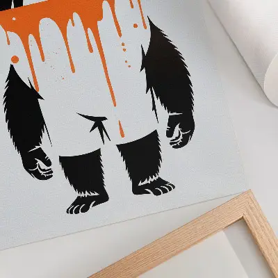 Poster met een gorilla in een overall tegen een feloranje achtergrond