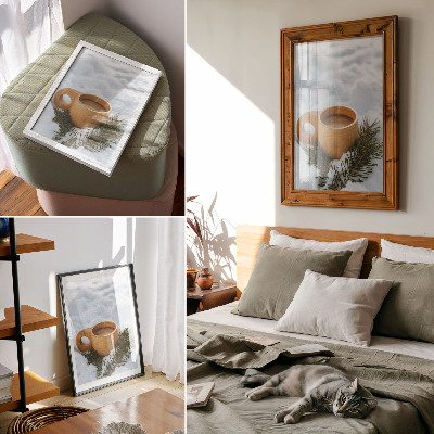 Decoratieve poster Houten mok met besneeuwd landschap en groene takjes
