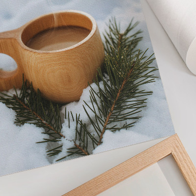 Decoratieve poster Houten mok met besneeuwd landschap en groene takjes