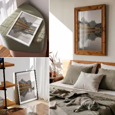 Wandposter rustig meer met esdoorns en reflectie in de bergen in de herfst