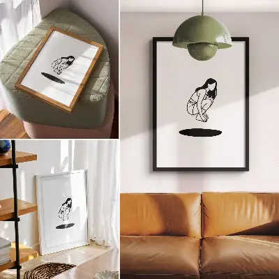 Poster hurkende figuur op een witte achtergrond zonder details