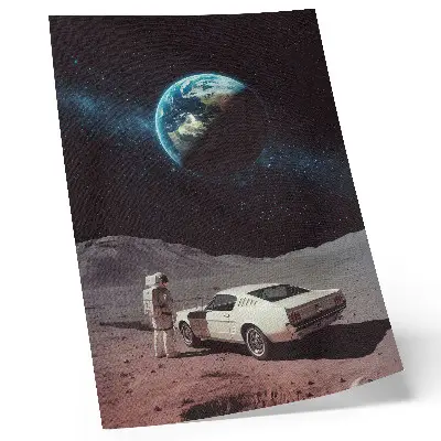 Decoratieve poster met een astronaut op de maan en de aarde tussen de sterren