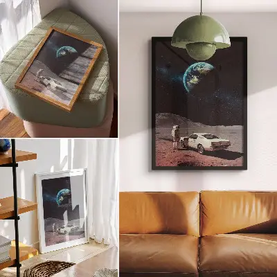Decoratieve poster met een astronaut op de maan en de aarde tussen de sterren
