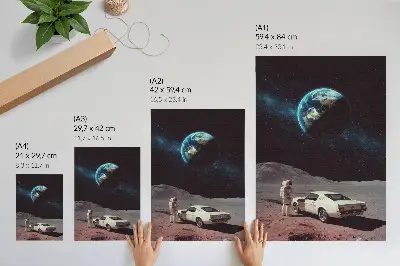 Decoratieve poster met een astronaut op de maan en de aarde tussen de sterren