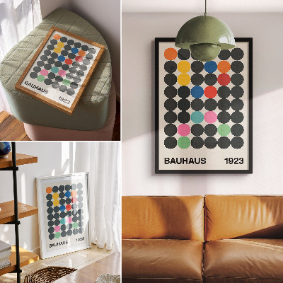 Decoratieve poster Geometrische zwarte cirkels, levendige kleuren, Bauhaus-inspiratie.