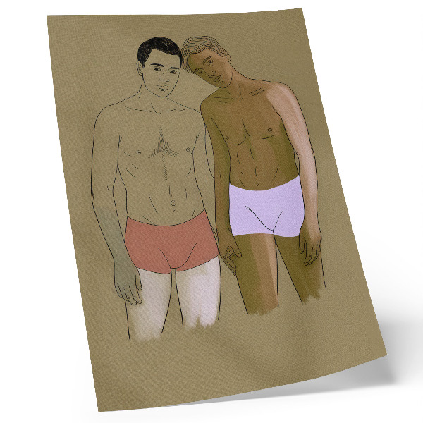 Wandposter Illustratie van mannen in ondergoed in warme kleuren.