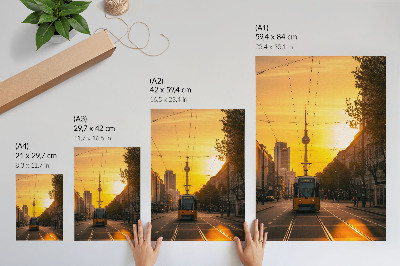 Poster Avondleven in de stad, tram, straten, gebouwen