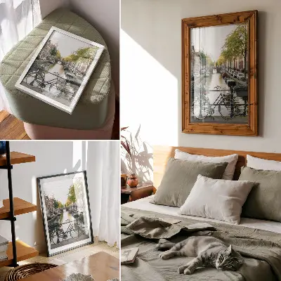 Decoratieve poster met afbeelding van een kanaal, fiets, architectuur en historische thema's