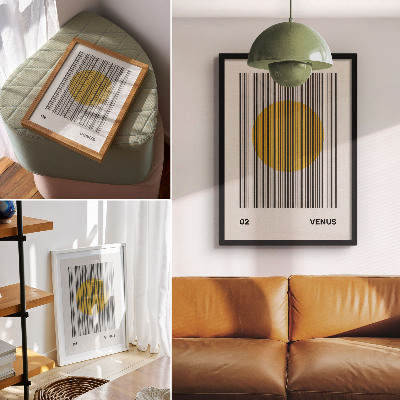 Wandposter Contrasterende lijnen, gele cirkel, op-art