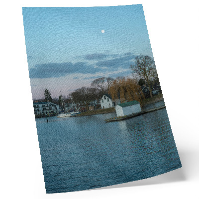 Wandposter De lucht boven het meer, de huizen, de maan, de bomen