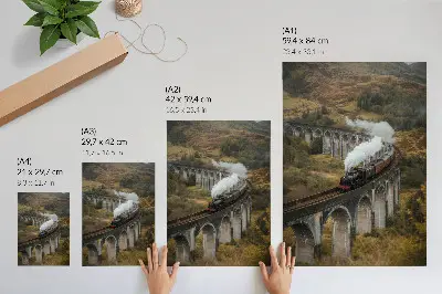 Poster trein op een brug tussen groene heuvels
