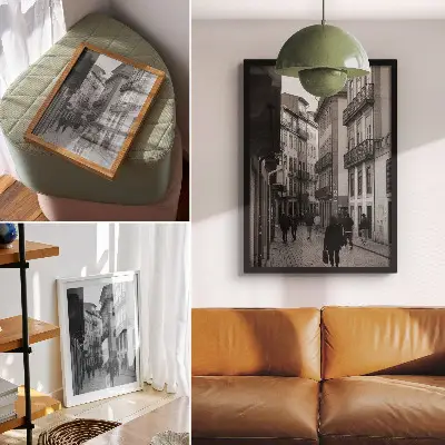 Poster straatarchitectuur in zwart-wit met mensen