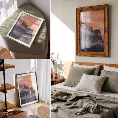 Poster Ondergaande zon, bergen, mist, harmonie, mysterie