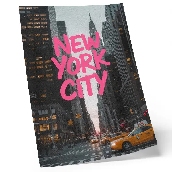 Wandposter met moderne wolkenkrabbers in roze accenten