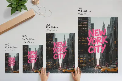 Wandposter met moderne wolkenkrabbers in roze accenten