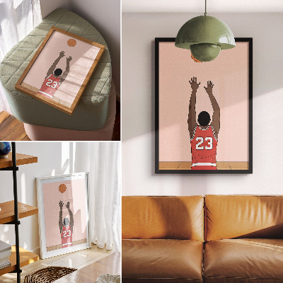 Decoratieve poster Pastelroze basketballer met een bal in de lucht.