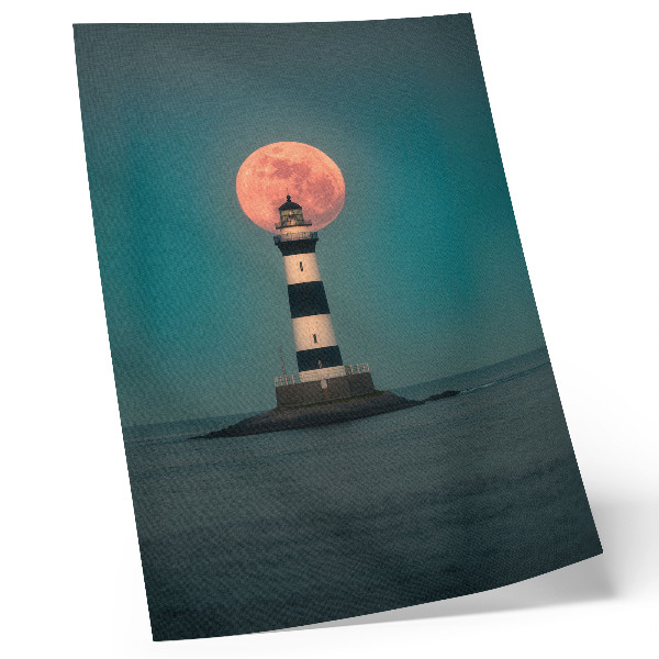 Decoratieve poster Vuurtoren en maan boven de zee bij zonsondergang
