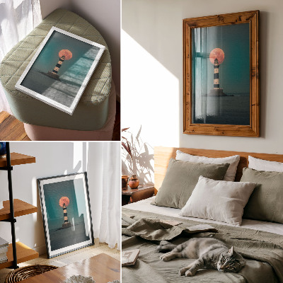 Decoratieve poster Vuurtoren en maan boven de zee bij zonsondergang